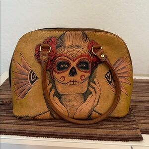 PrisonArt Hand-Painted Leather Satchel • Day of the Dead Purse • Tan Leather Bag
